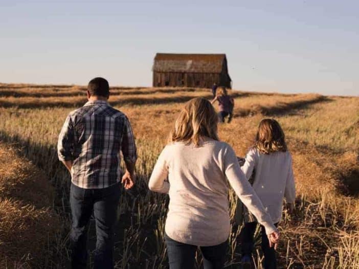 moderne Familie läuft durch ein Kornfeld